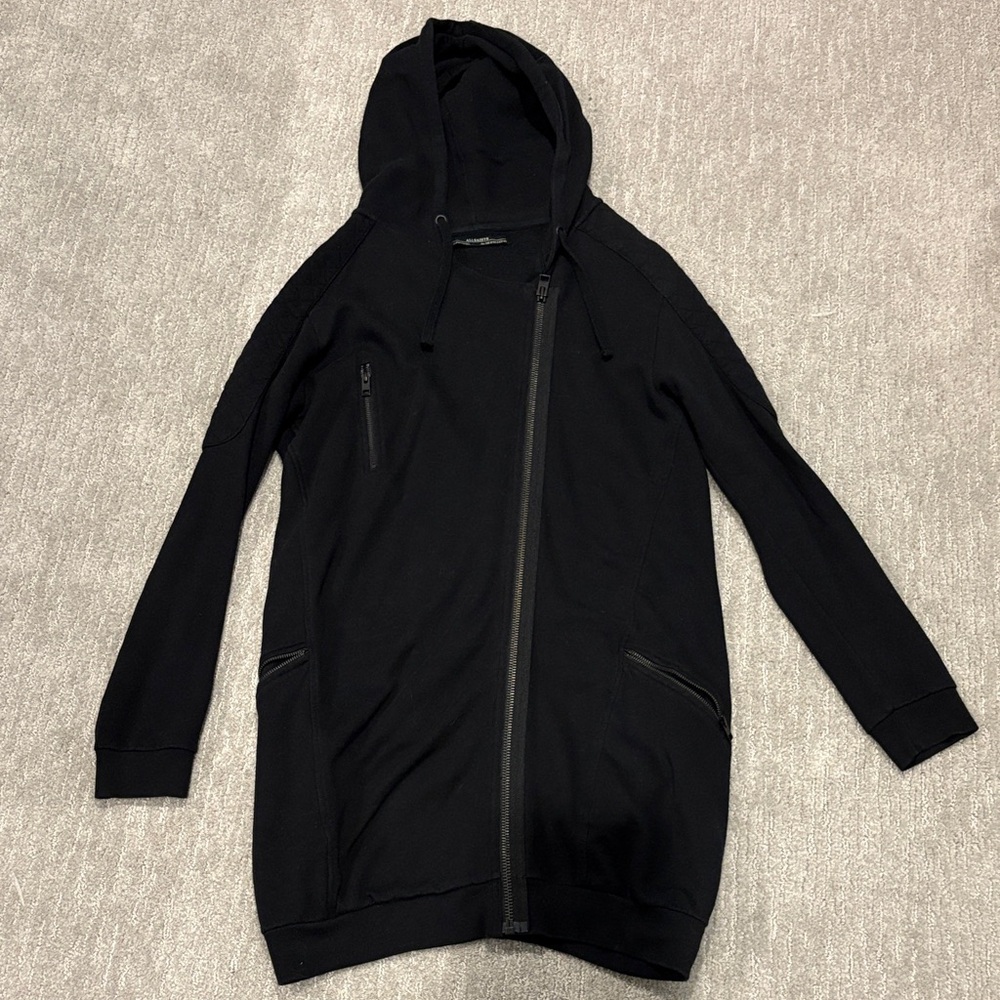 Allsaints Ridley longline asymmetrical zip moto style Hoodie
